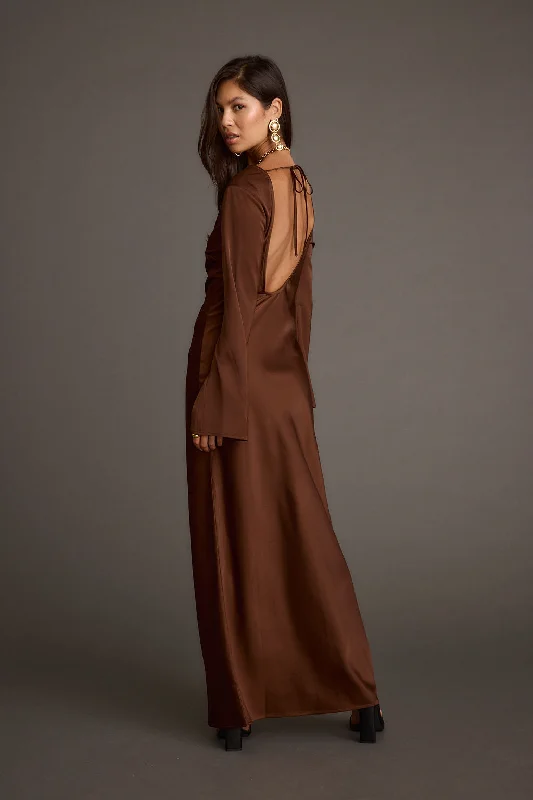 Free and comfortable Strokes Mocha Long Sleeve Plunge Satin Maxi Dress
