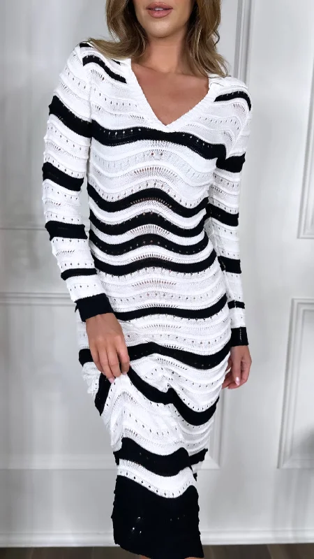 Sports fitness shoes Orlaith White & Black Striped Knit V Neck Midi Dress