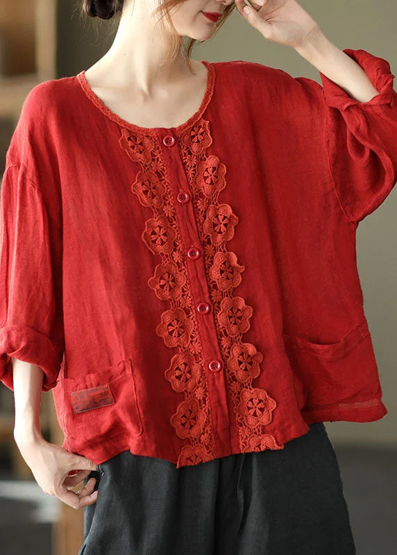 Sports Functional Style Elegant Red retro Button Pockets Loose Fall Top