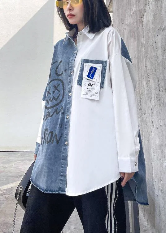 Street Style Elegant Letter Tunics For Women Lapel Patchwork Knee Spring Blouses