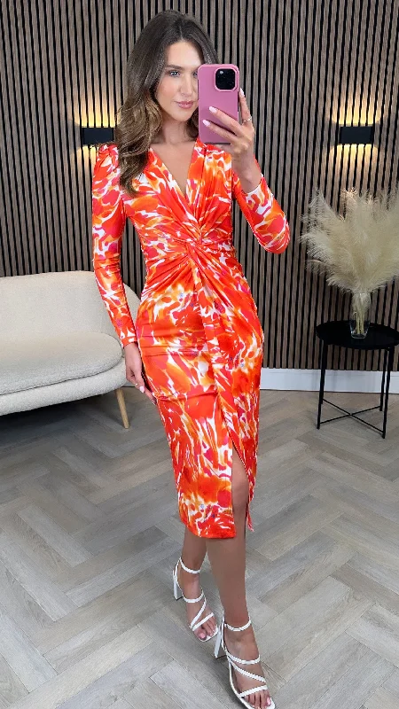 Street Sports Shoes Alisha Orange Printed Knot Detail Midi Dress