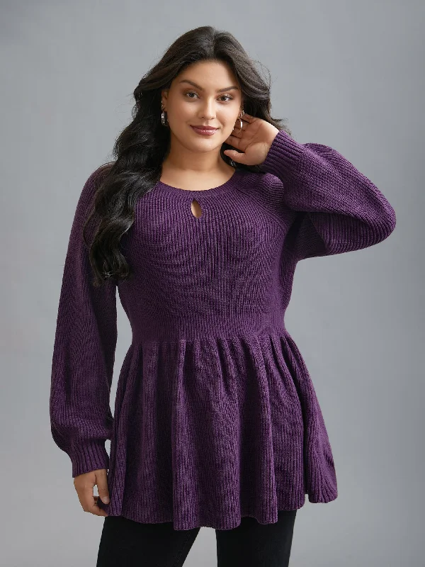 Elegant And Elegant Plain Textured Keyhole Raglan Sleeve Pullover