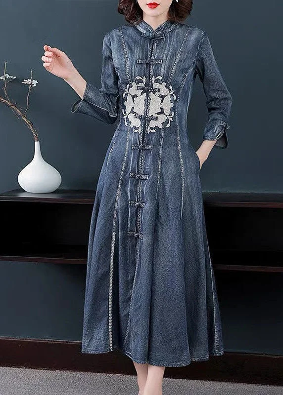 Free and comfortable Slim Fit Navy Stand Collar Embroideried Cotton Denim Dress Long Sleeve