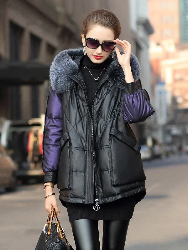 Retro Lace Fabric Genuine Leather Jacket Duck Down Puffer