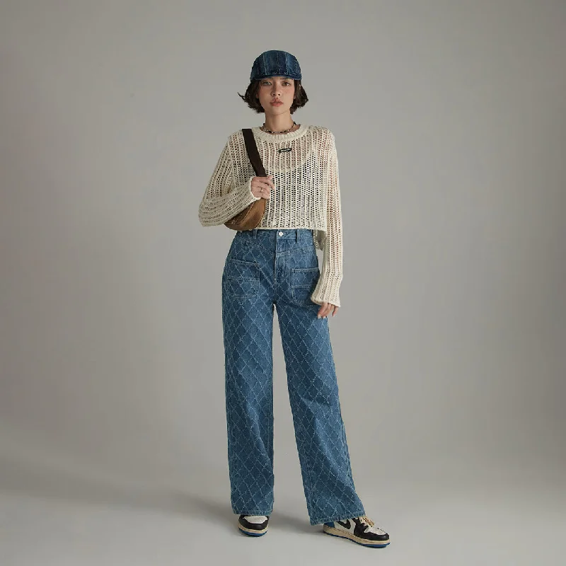 Classic style Vintage Argyle Pattern Wide Denim Jeans