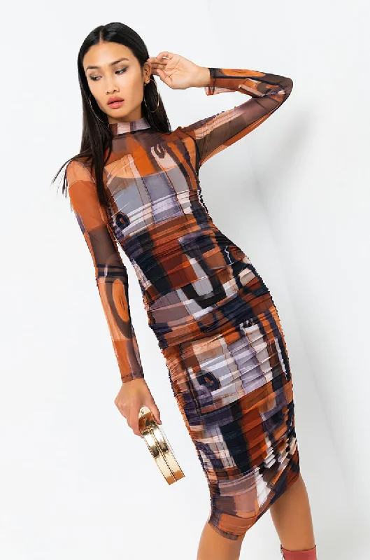 Sweet breath BREAK THE MOLD LONG SLEEVE RUCHED MESH MIDI DRESS rust