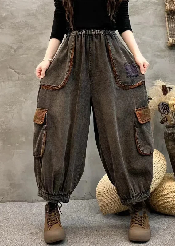 Sports Jumpsuit Vintage Black Pockets Elastic Waist Patchwork Denim Harem Pants Fall