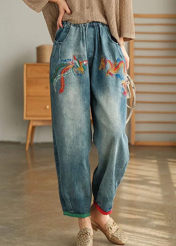 Personalized print Unique Blue Casual Pockets Embroideried Harem Fall Denim Pants