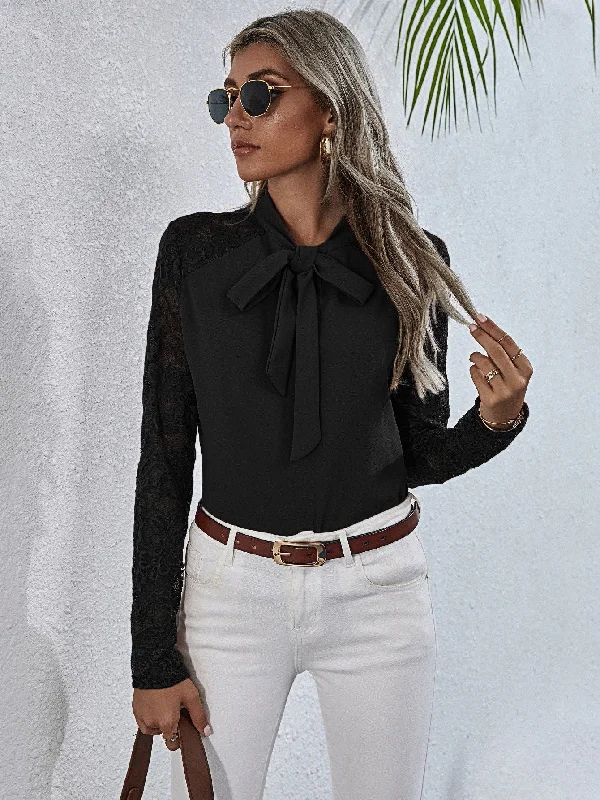 Leisure Travel Bow Down Tie Neck Lace Sleeve Top in Black or Mauve