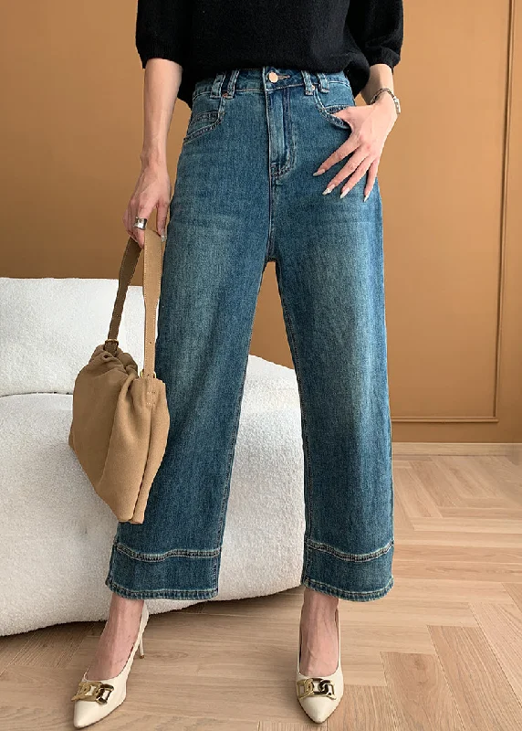 Sports Functional Style Modern Blue Pockets High Waist Denim Crop Pants Fall