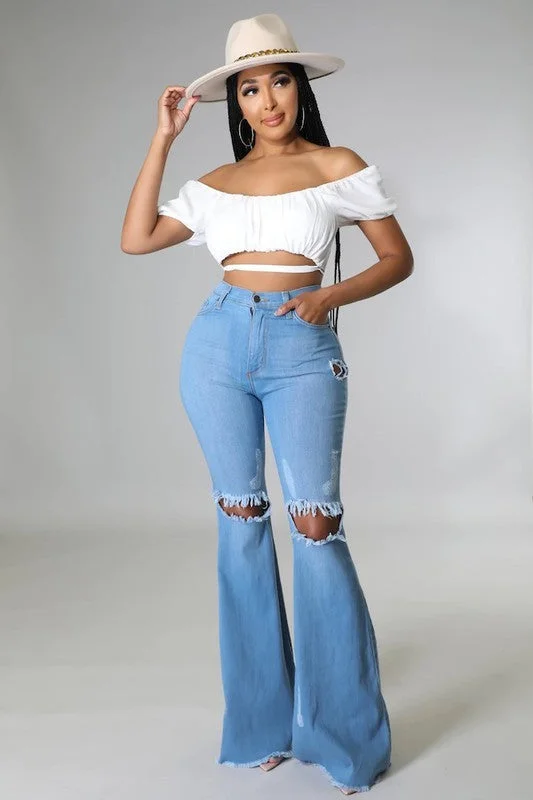 Sports And Leisure Knee Rip Flare Jean Medium Wash- Inseam 32
