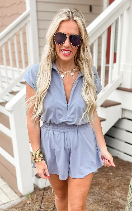 Street Style Butter Short Sleeve Quarter Zip Romper | RAE MODE
