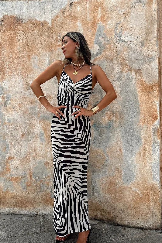 Ultra-lightweight Gianna Zebra Cowl Neck Chiffon Maxi Dress