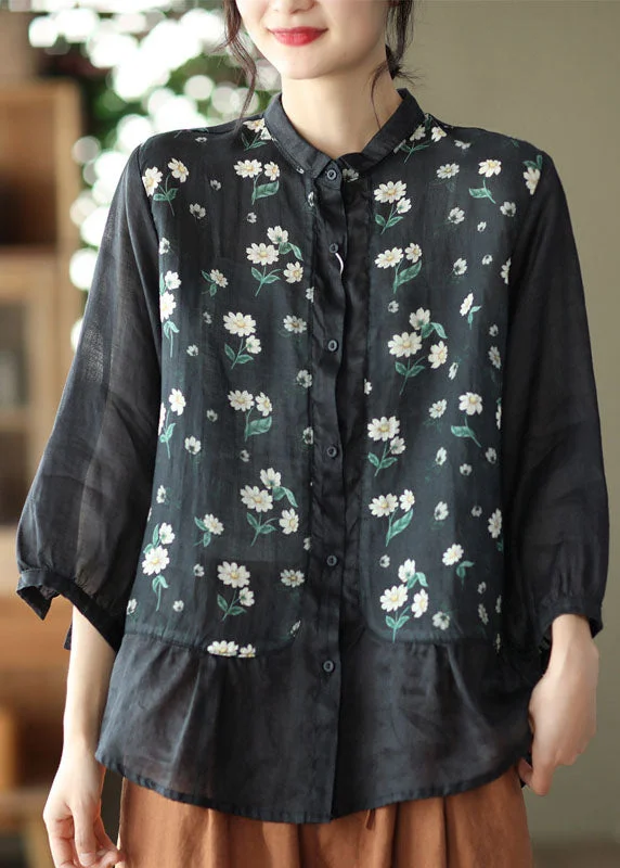 Printing decoration Fashion Black Print Patchwork Linen Shirt Three Quarter sleeve