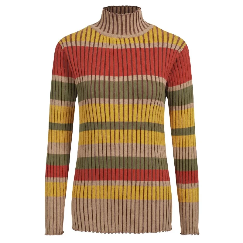 Sports fitness shoes Women's vintage brown striped turtleneck knit T-shirt