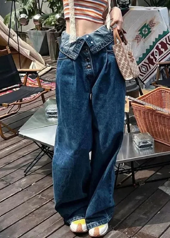 Party Wear French Blue Button High Waist Denim Pants Summer
