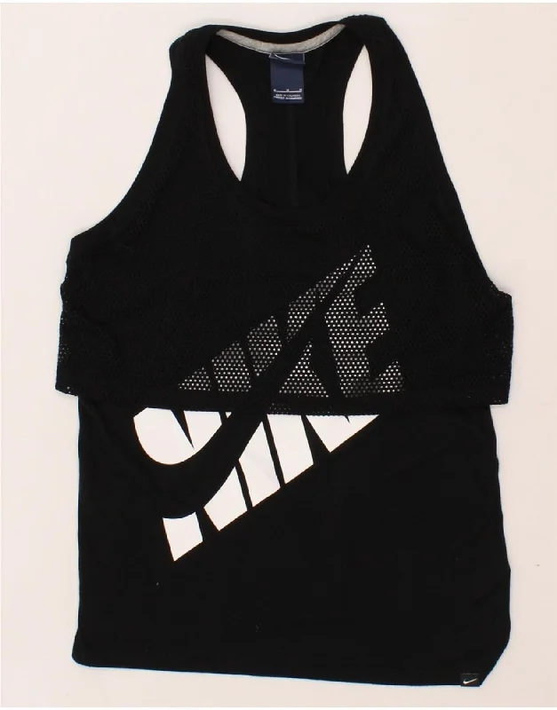 Slim Fit NIKE Womens Crop Graphic Vest Top UK 12 Medium Black Polyester