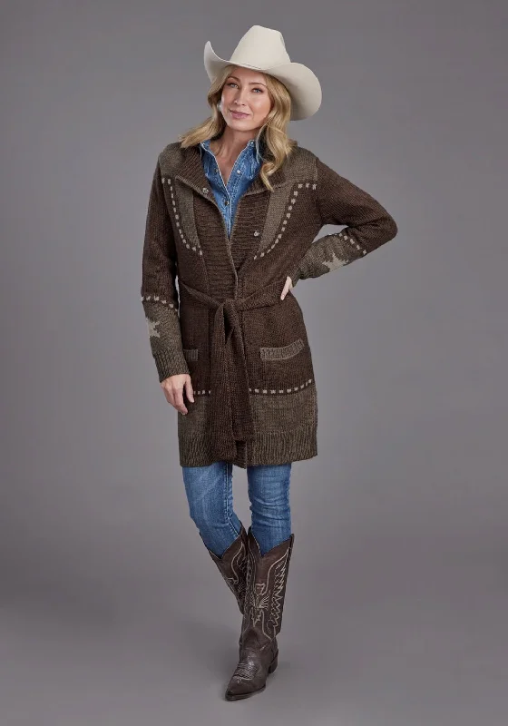 Avant-garde trend Stetson Womens Retro Belted Steer Head Brown Wool Blend Cardigan Sweater