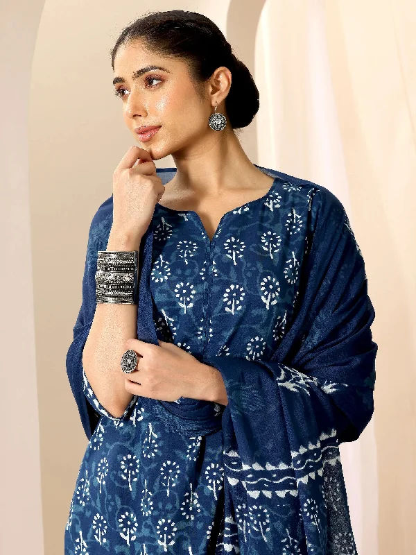 Sports Vitality Style Indigo Printed Cotton Straight Suit Set With Dupatta