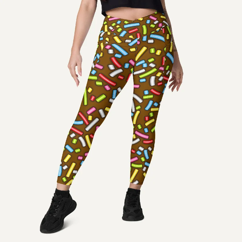 Letter embroidery Chocolate Donut Sprinkles Crossover Leggings With Pockets