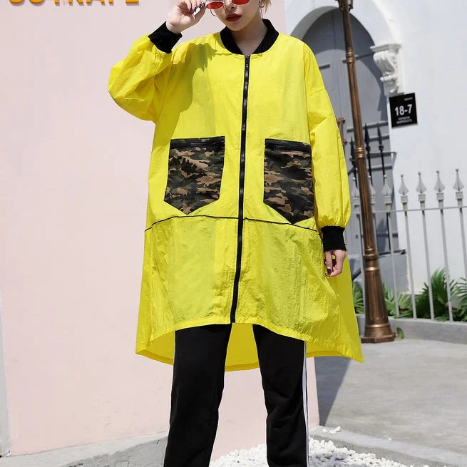 Wandering freely Fashion yellow thin Coat casual low high cardigans Fashion big pockets jackets Wandering freely Fashion yellow thin Coat casual low high cardigans Fashion big pockets jackets