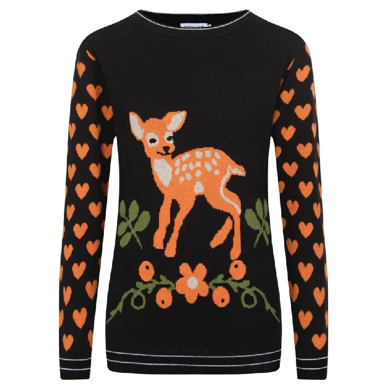 Multi-functional style Women's black fawn Love Stars vintage knit sweater