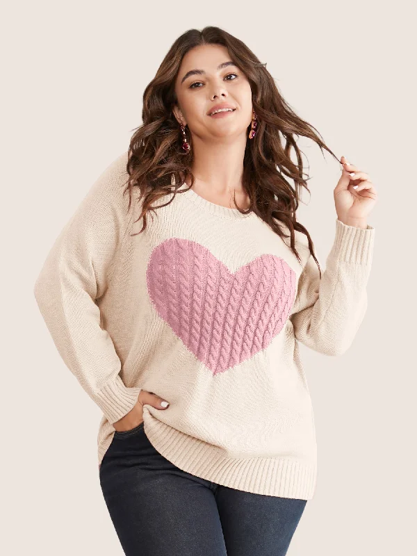 Sports Comfort Style Heart Cable Knit Two Tone Raglan Sleeve Pullover
