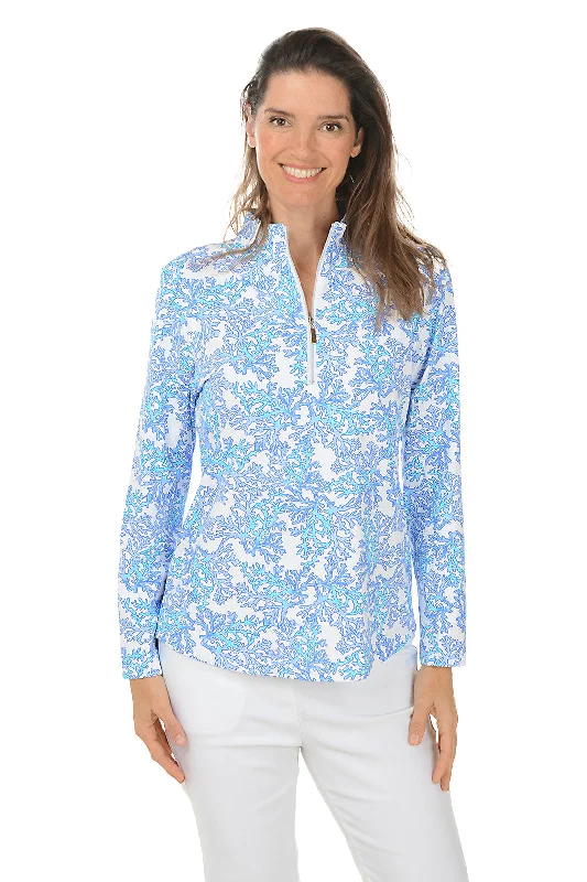 Sports Fitness Style Blue Coral Mock Neck UPF50+ Top