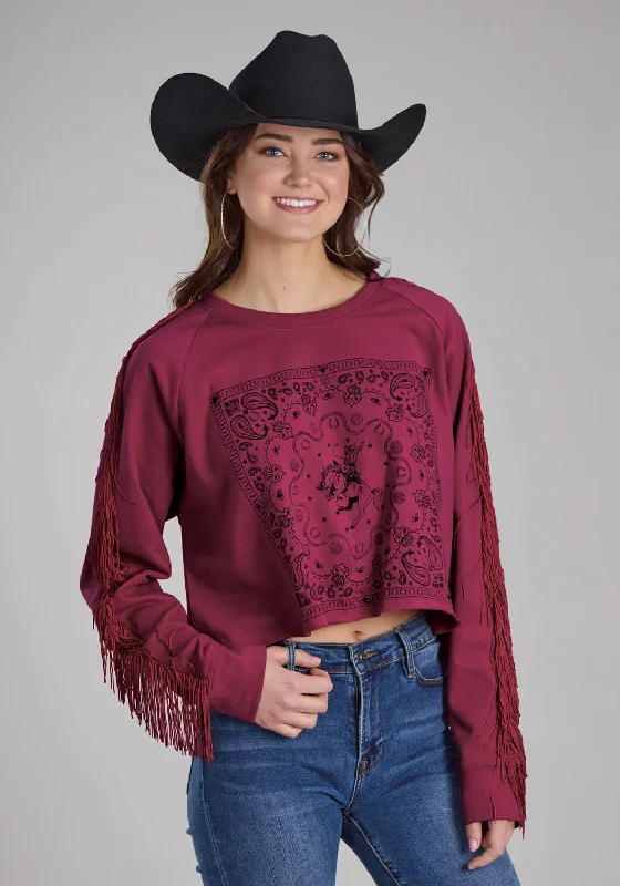 Elegant And Lazy Roper Womens Paisley Square Fringe Wine 100% Cotton Sweatshirt