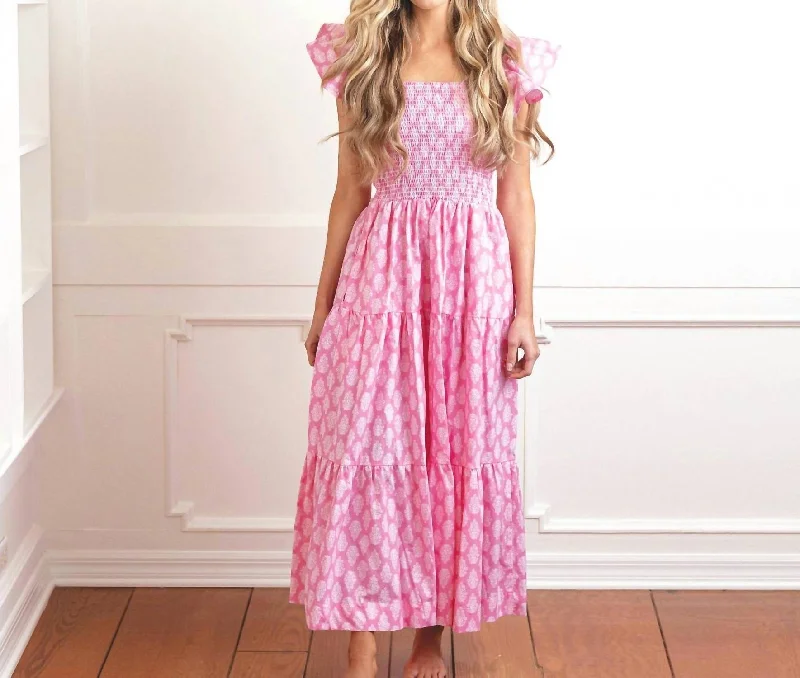 Leisure Travel Block Print Smocked House Dress In Pink / White