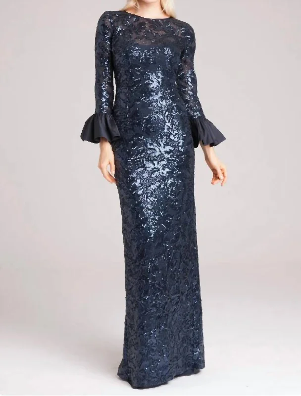 Innovative Design Long Bell Sleeve Sequin Sheath Gown In Navy