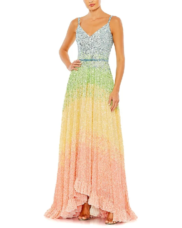 Street Vertical And Horizontal Design Mac Duggal Sequined Rainbow Sleeveless High Low Gown