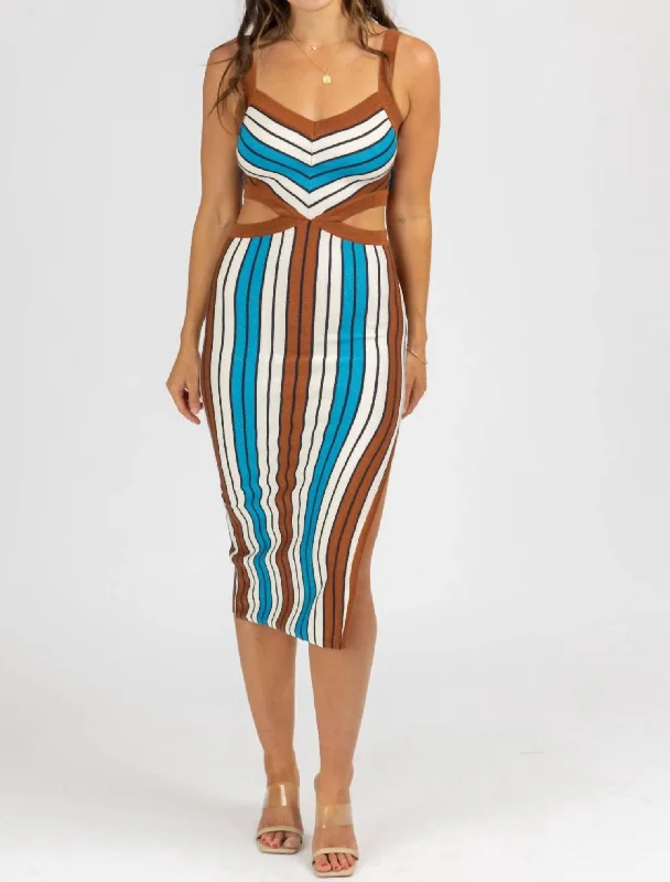 Sports And Leisure Multistripe Cutout Knit Midi Dress In Brown