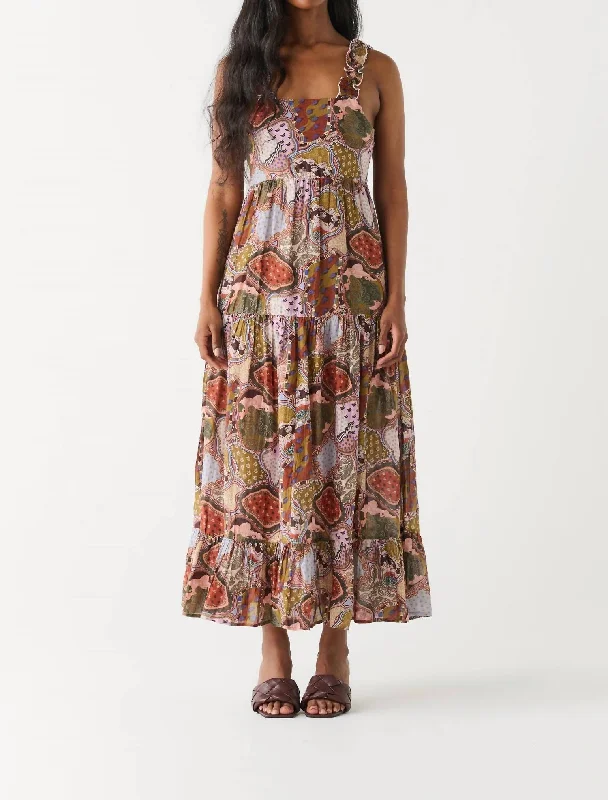 Party Wear Paisley Tiered Dress In Brown