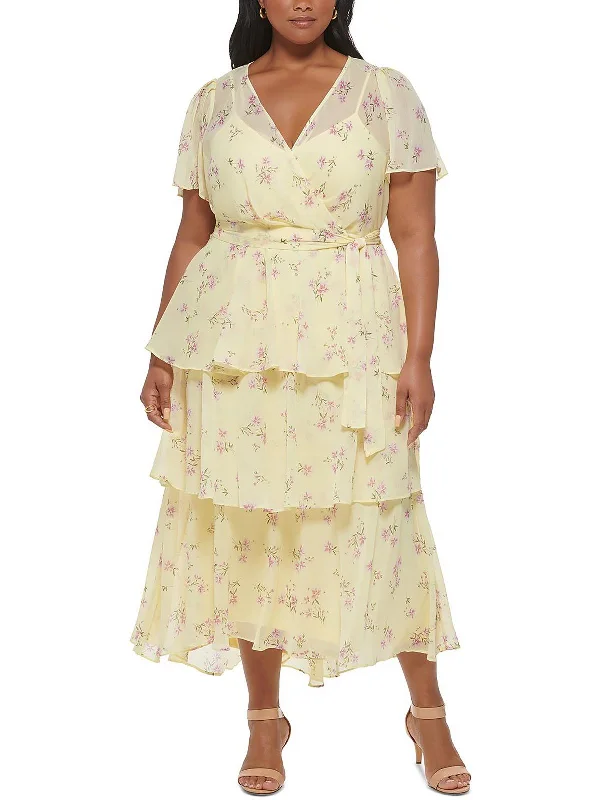 Classic style Plus Womens Chiffon Ruffled Maxi Dress