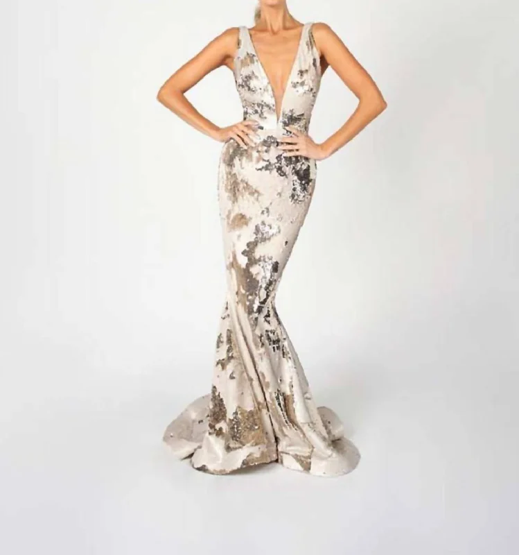 Advanced Customization Sequin Gown In Crème/gold