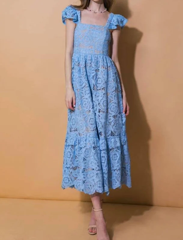 Hip-hop Style Solid Lace Midi Dress In Blue
