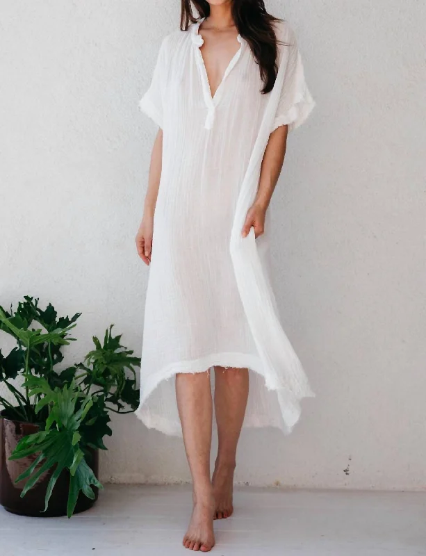 Energetic Tunisia Lightweight Cotton Gauze Short Sleeve Caftan In White