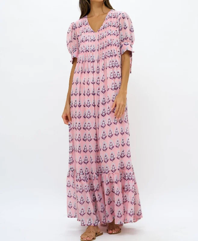 Fun and cute V-Neck Pintuck Maxi Dress In Bodrum Pink