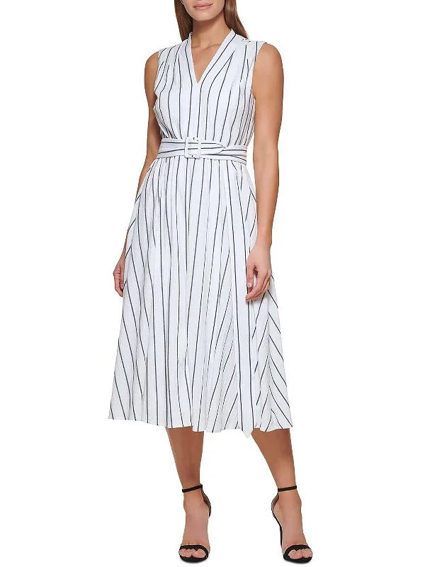 Knitted Design Womens Belted Midi Fit & Flare Dress
