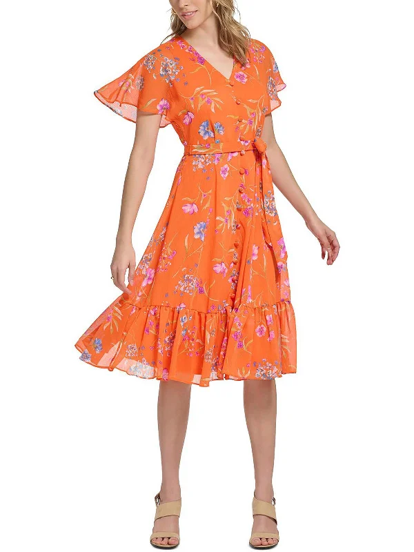 Fashion Style Womens Button Detail Knee Length Fit & Flare Dress