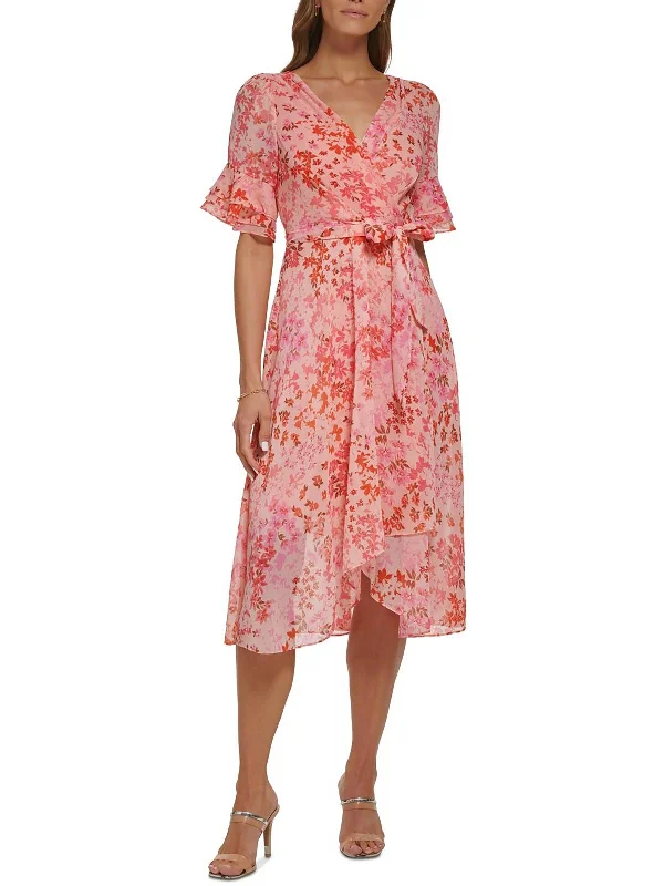 British casual Womens Floral Ruffle Sleeve Midi Dress
