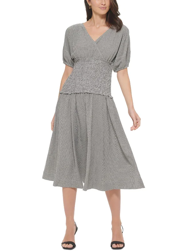 Fashionable sports Womens Surplice Puff Sleeves Midi Dress