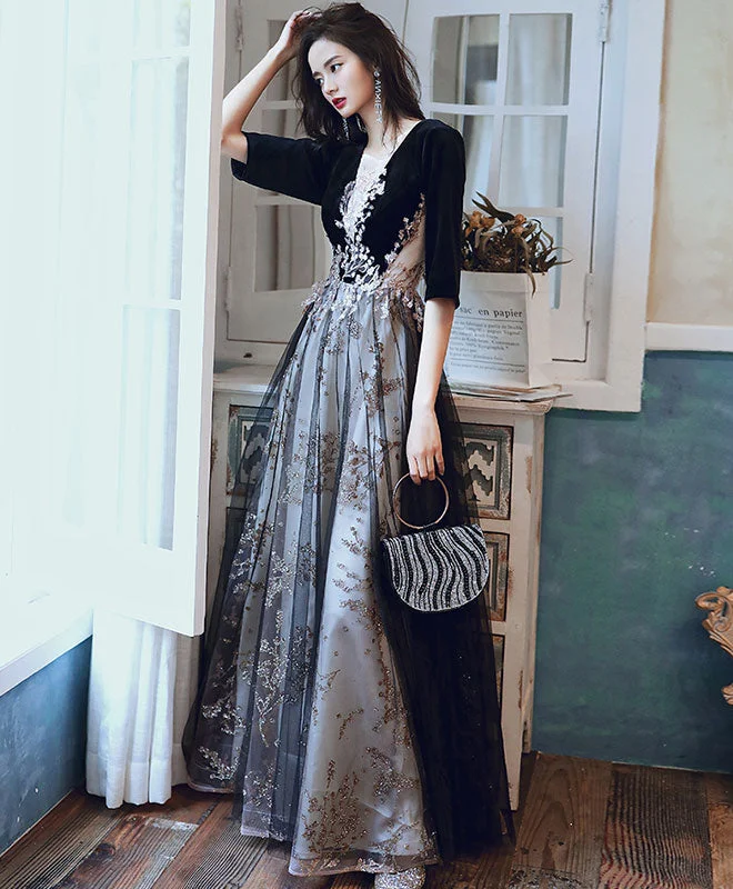 Street Style Black Round Neck Tulle Long Prom Dress Black Evening Dress