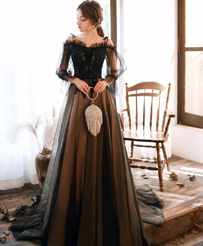 Fun and cute Black Tulle Lace Long Prom Dress Black Lace Evening Dress