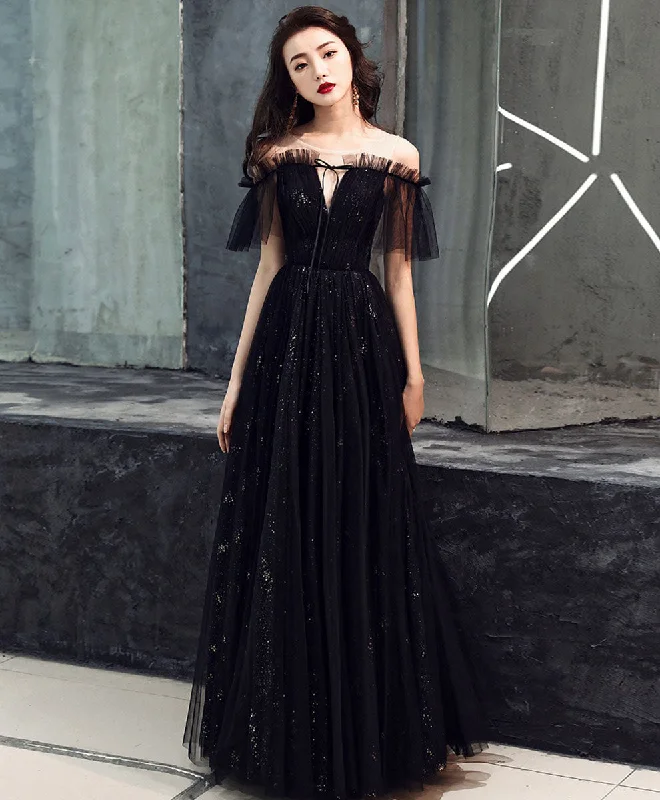 Sports Functional Style Black Tulle Off Shoulder Long Prom Dress Black Formal Dress