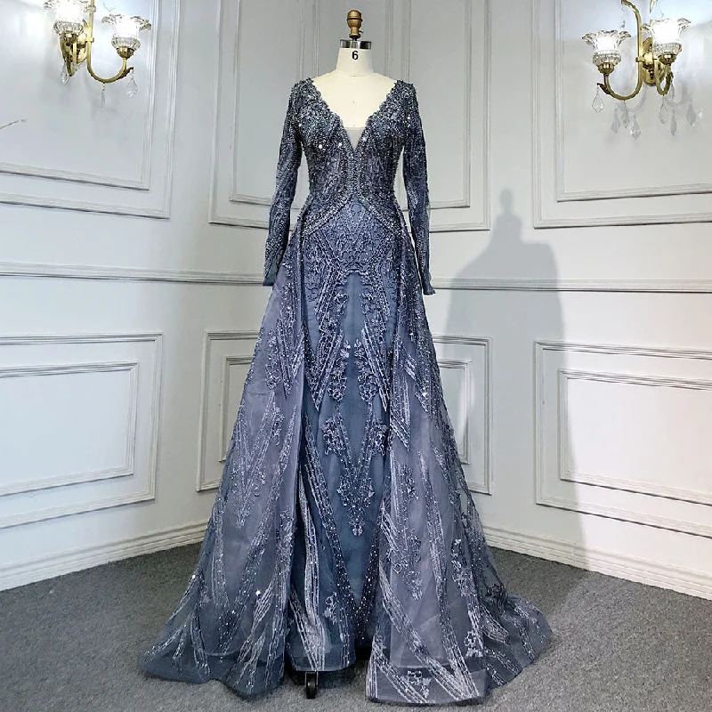 Warm Winter Series Blue Luxury Mermaid Overskirt Evening Dresses Gowns 2024 Beaded Elegant Long Sleeves For Women Party Serene Hill LA71619 Warm Winter Series Blue Luxury Mermaid Overskirt Evening Dresses Gowns 2024 Beaded Elegant Long Sleeves For Women Party Serene Hill LA71619