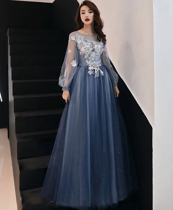 Sports Zipper Style Blue Round Neck Tulle Lace Long Prom Dress Blue Formal Dress