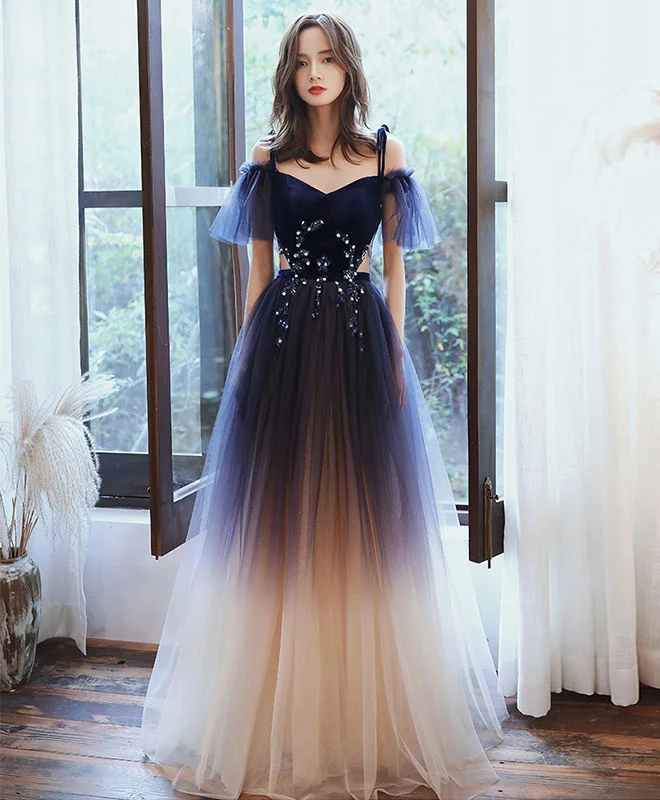 Celebrity Style Blue Sweetheart Tulle Off Shoulder Long Prom Dress Blue Evening Dress