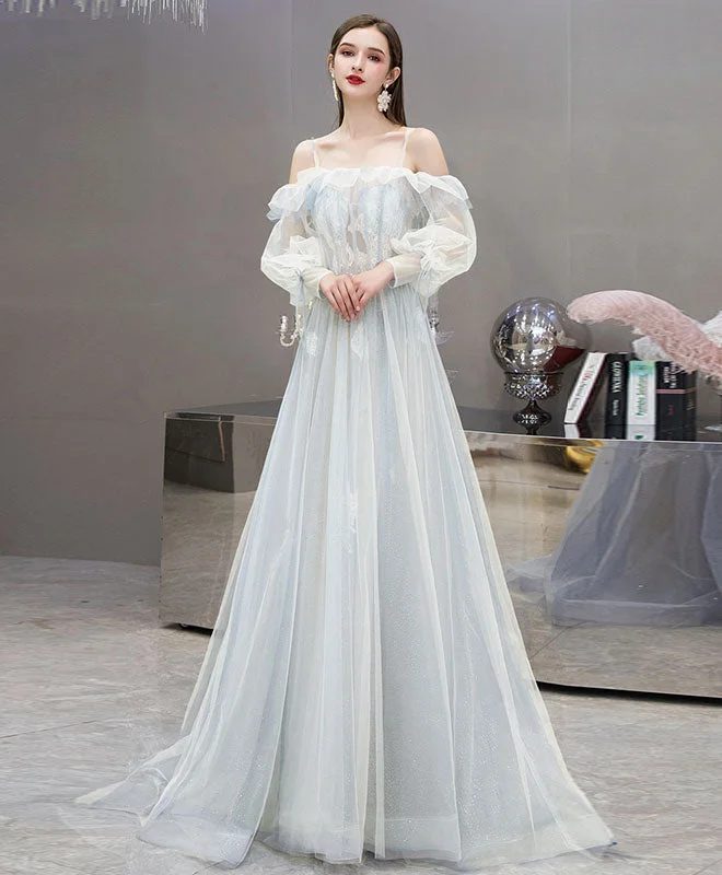 Street Sports Style Blue Tulle Lace Long Prom Dress Blue Lace Evening Dress